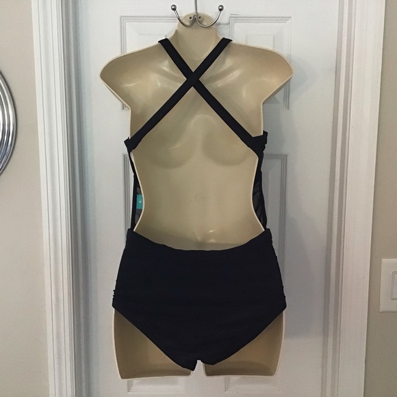 Coastal Blue Black Mesh Side Swimsuit Low Cut Back One Piece Size Medium - Picture 4 of 7